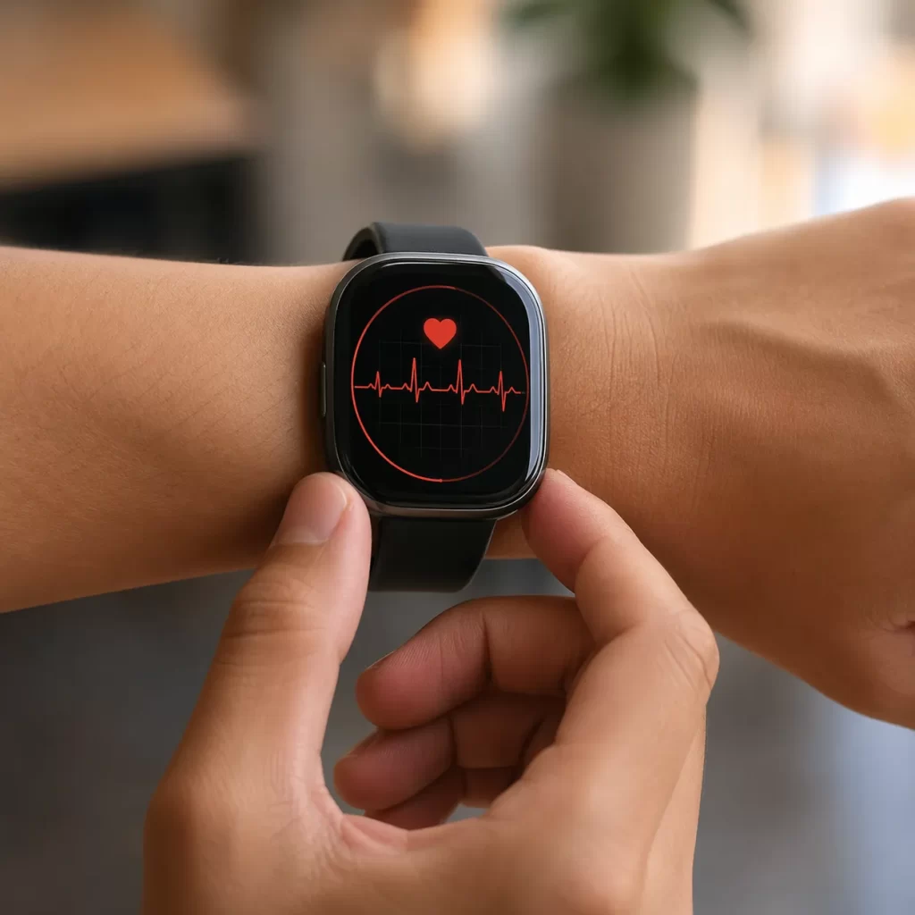 Close-up van een smartwatch die hartslagvariabiliteit meet om gezondheid en herstel te volgen.