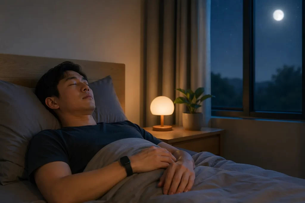 Een serene slaapkamer in de nacht met een ontspannen sfeer, zacht lamplicht en maanlicht door het raam.