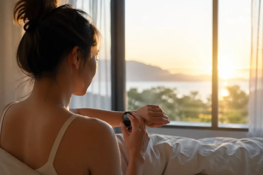 Een rustige ochtendscène waarin een vrouw op bed haar smartwatch controleert bij het eerste zonlicht.