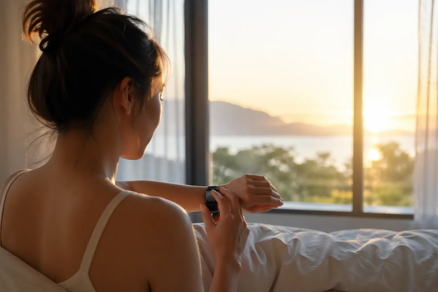Een rustige ochtendscène waarin een vrouw op bed haar smartwatch controleert bij het eerste zonlicht.