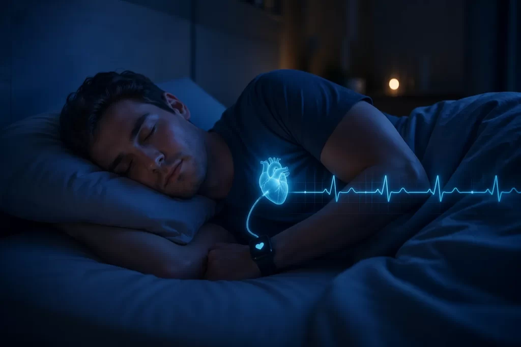 Een rustige, heldere visual die hartslagvariabiliteit tijdens de slaap laat zien.
