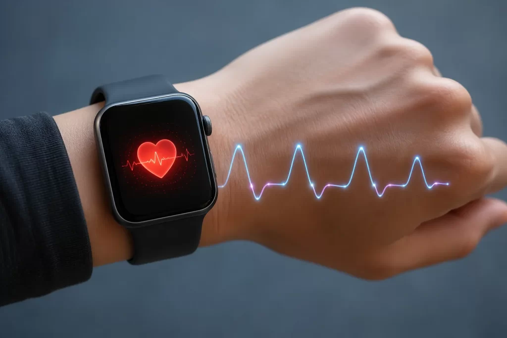Close-up van een Apple Watch die hartslagvariabiliteit en gezondheid monitort.