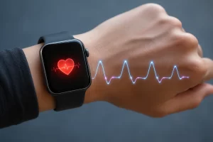 Close-up van een Apple Watch die hartslagvariabiliteit en gezondheid monitort.