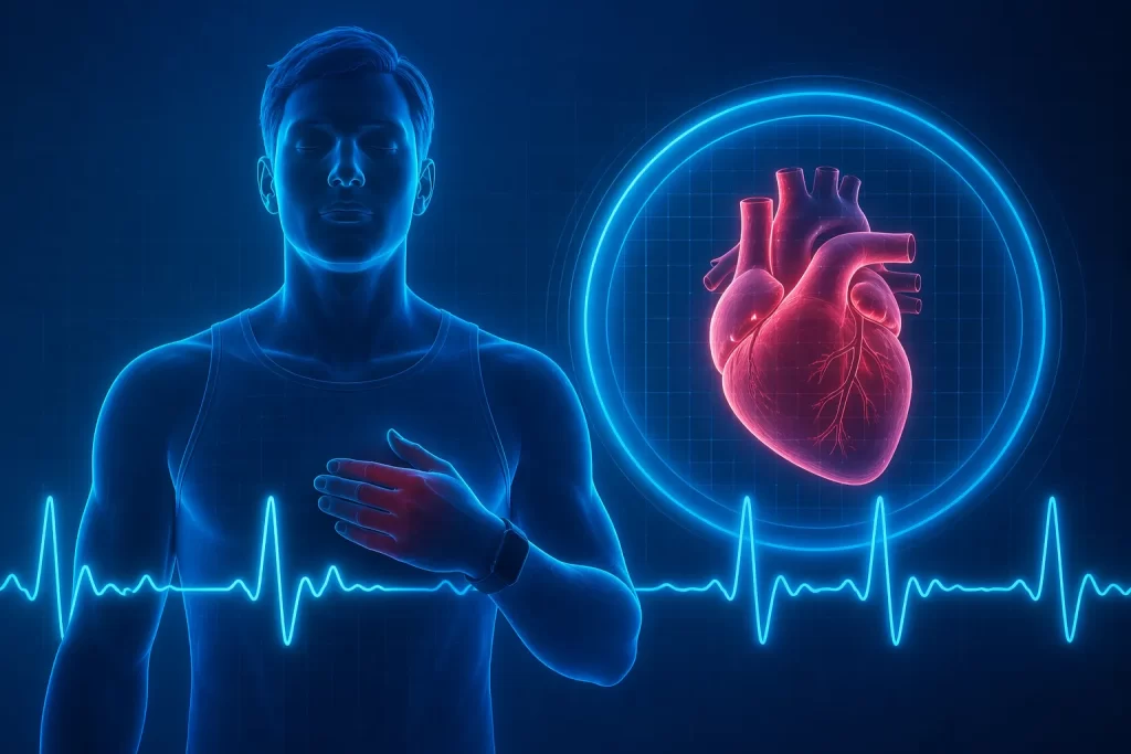 Futuristische medische illustratie van hartbewaking en gezondheidstracking.