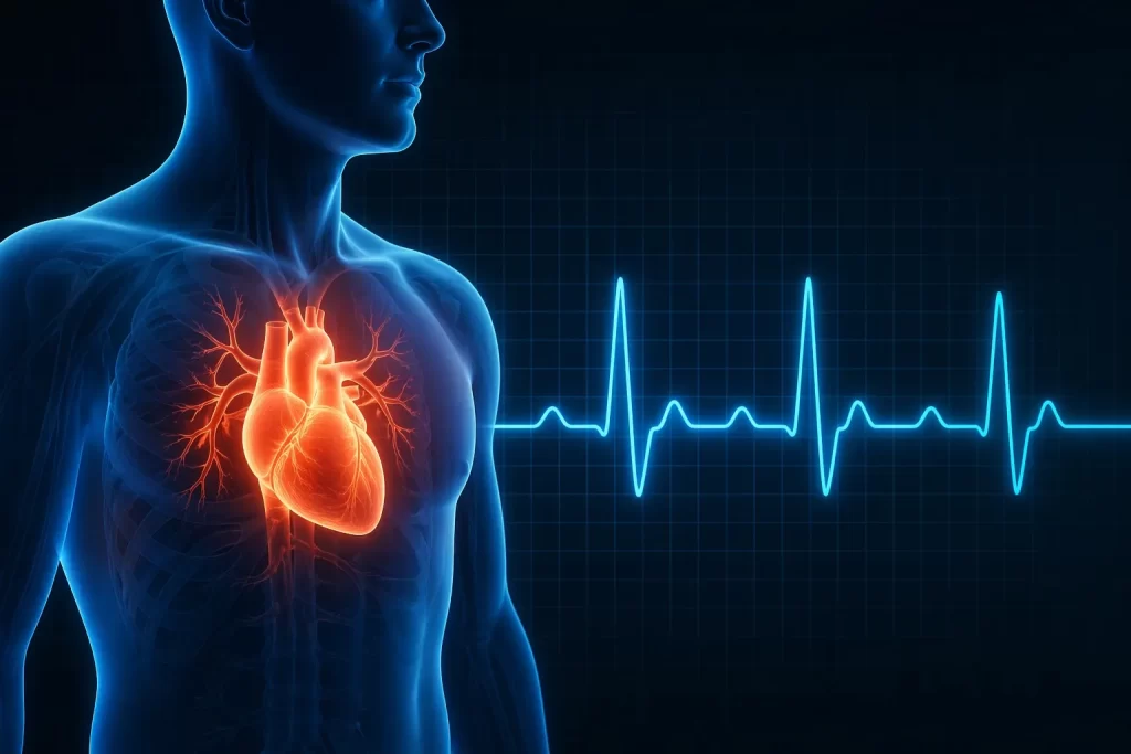 Futuristische medische illustratie van het hart en hartritme in een moderne, digitale stijl.