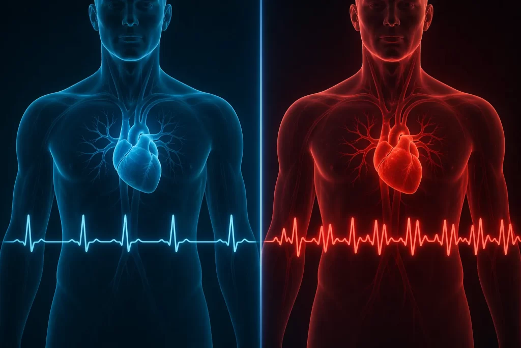 Een visuele vergelijking tussen hartslag en hartslagvariabiliteit, met focus op ritme en variatie in het hartritme.