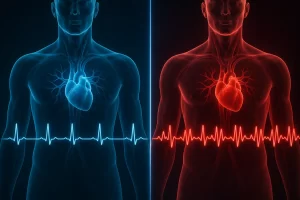 Een visuele vergelijking tussen hartslag en hartslagvariabiliteit, met focus op ritme en variatie in het hartritme.