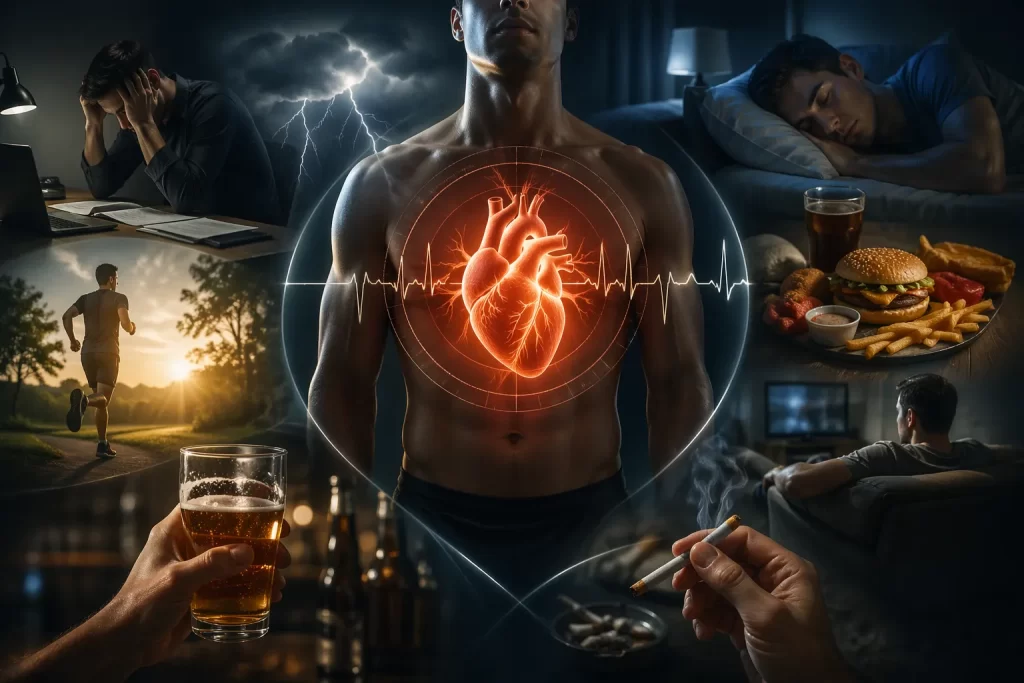 Een visuele weergave van factoren die een lage hartslagvariabiliteit kunnen beïnvloeden, zoals stress, slechte slaap, ongezonde voeding, alcohol en roken.