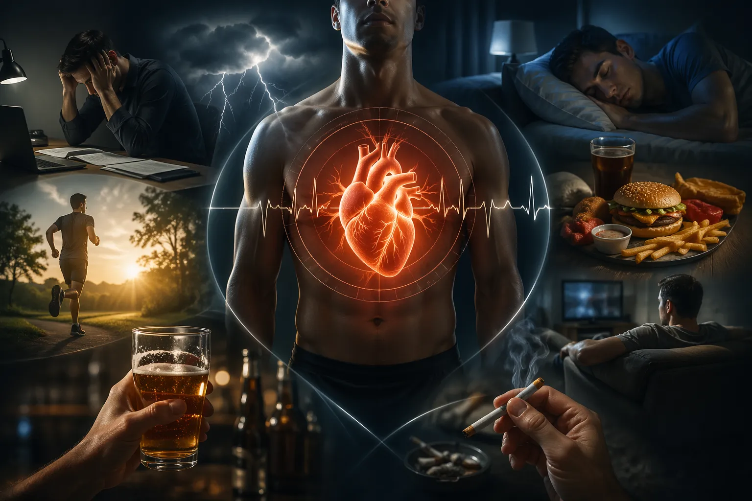 Een visuele weergave van factoren die een lage hartslagvariabiliteit kunnen beïnvloeden, zoals stress, slechte slaap, ongezonde voeding, alcohol en roken.