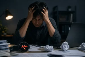 Home Een gestreste man aan zijn bureau, zichtbaar uitgeput door mentale druk en een lage HRV.