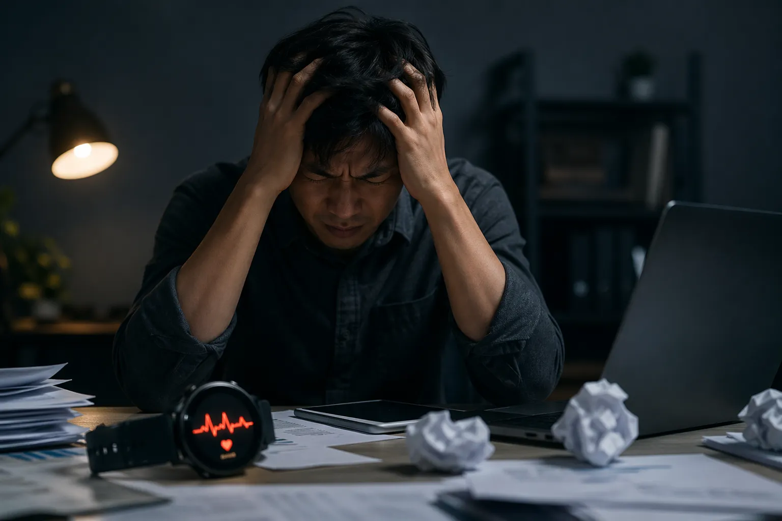 Een gestreste man aan zijn bureau, zichtbaar uitgeput door mentale druk en een lage HRV.