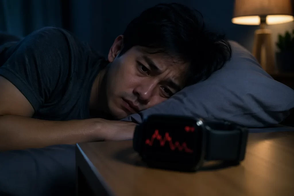 Minimalistische visualisatie van vermoeidheid en herstel na een slechte nacht slaap.