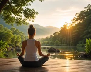 Rustige meditatie aan het water tijdens zonsopkomst, als symbool voor ontspanning en een betere hartslagvariabiliteit.