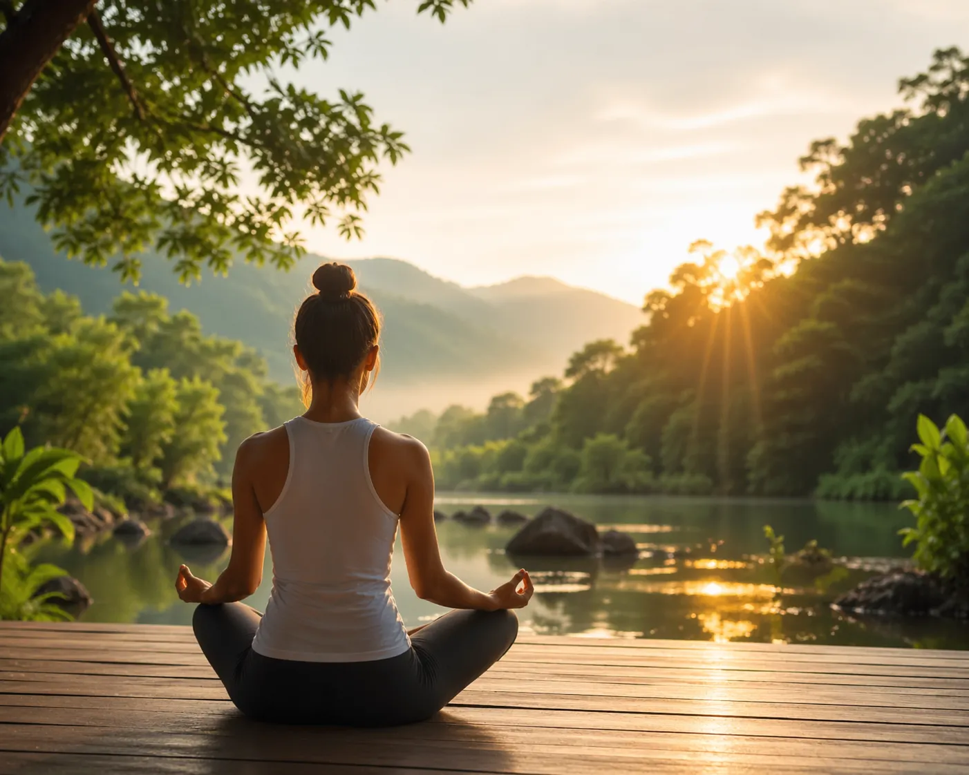 Rustige meditatie aan het water tijdens zonsopkomst, als symbool voor ontspanning en een betere hartslagvariabiliteit.