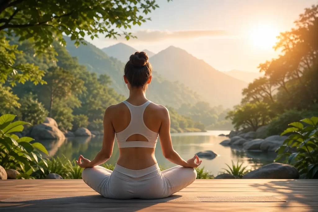 Een serene meditatieplek in de natuur bij zonsopgang, met een kalme en stressverlagende sfeer.