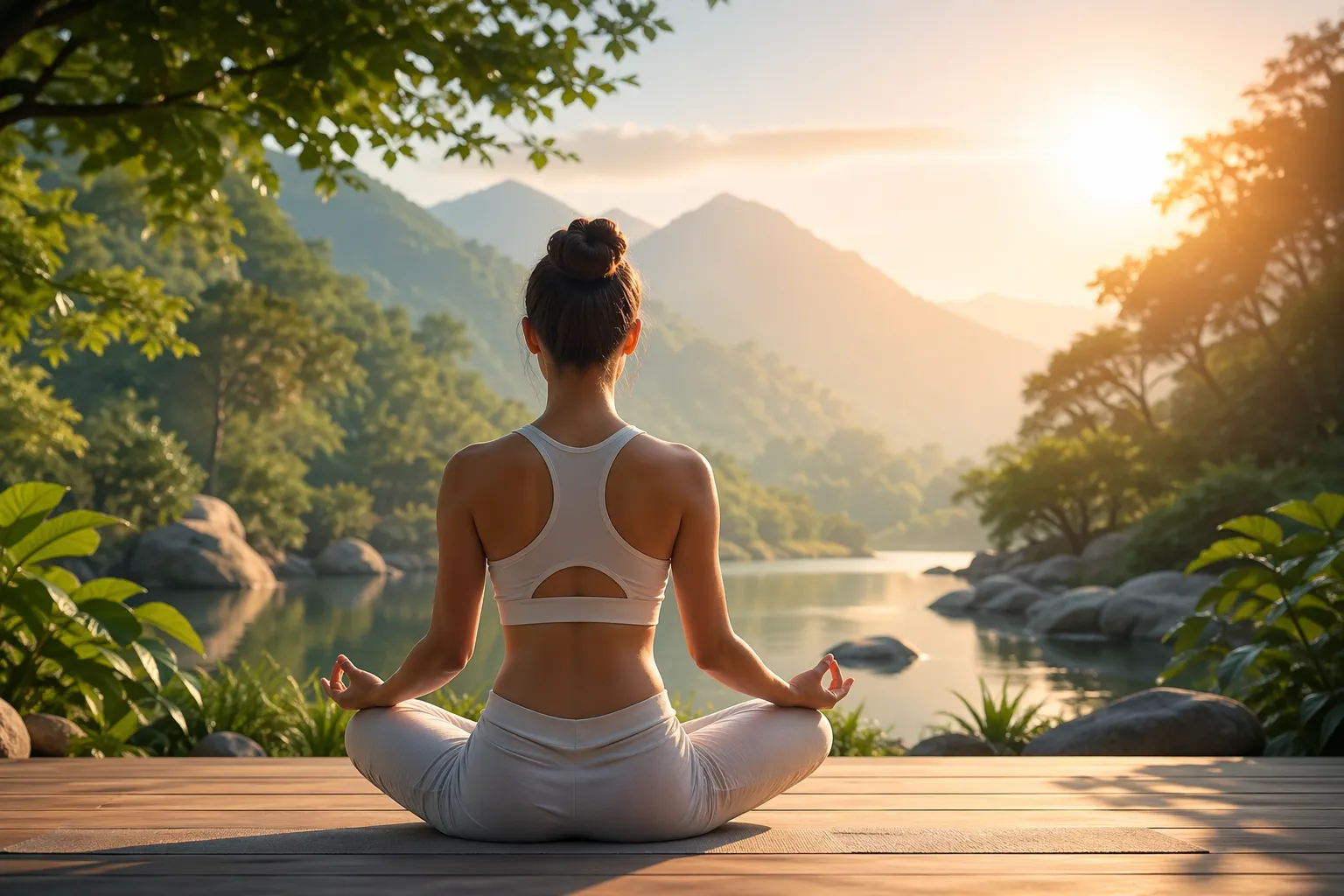 Een serene meditatieplek in de natuur bij zonsopgang, met een kalme en stressverlagende sfeer.