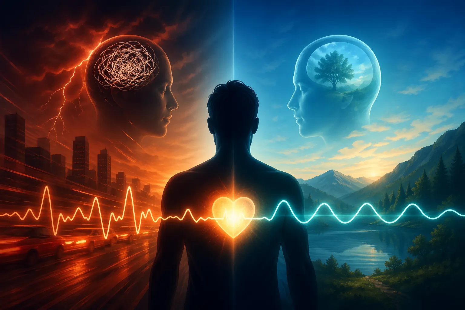 Een visuele weergave van de balans tussen stress en herstel, met HRV als symbool voor innerlijke rust en veerkracht.