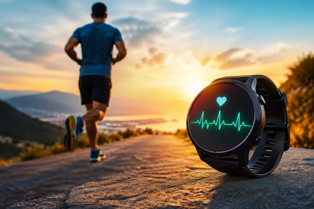 Hardloper bij zonsopgang met smartwatch die hartslagvariabiliteit en prestatie symboliseert.