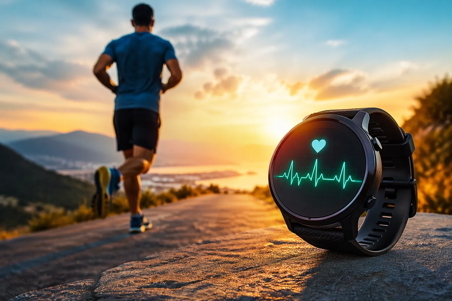 Hardloper bij zonsopgang met smartwatch die hartslagvariabiliteit en prestatie symboliseert.