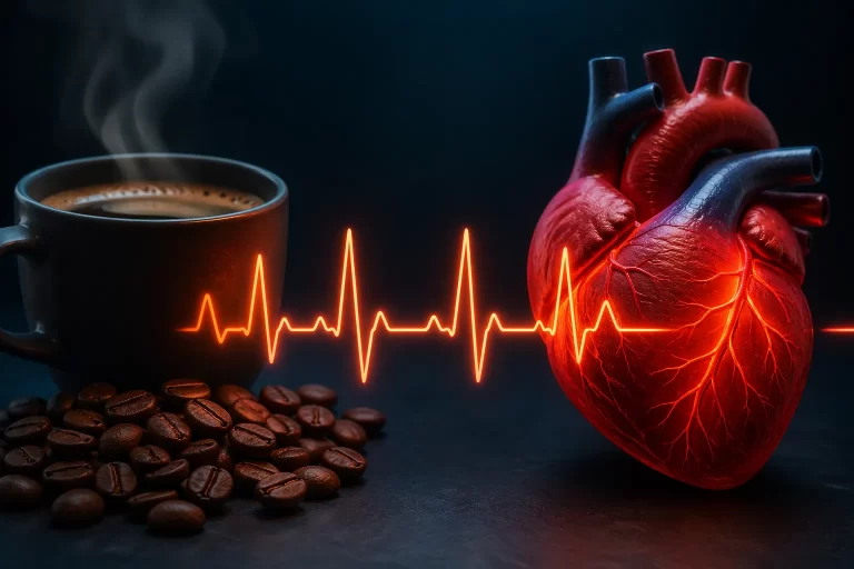 Conceptbeeld dat de relatie tussen cafeïne, hartslag en HRV visueel weergeeft.