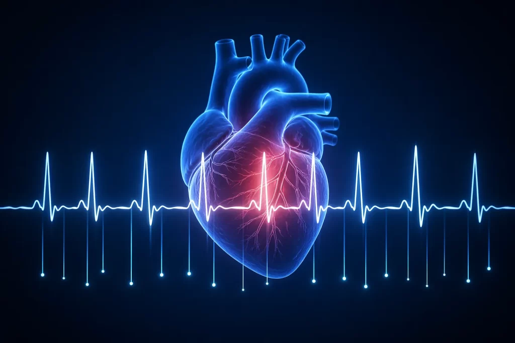 Futuristische visualisatie van een anatomisch hart met een gloeiende ECG-lijn op een donkere achtergrond.