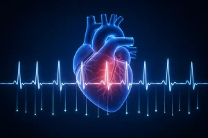 Futuristische visualisatie van een anatomisch hart met een gloeiende ECG-lijn op een donkere achtergrond.