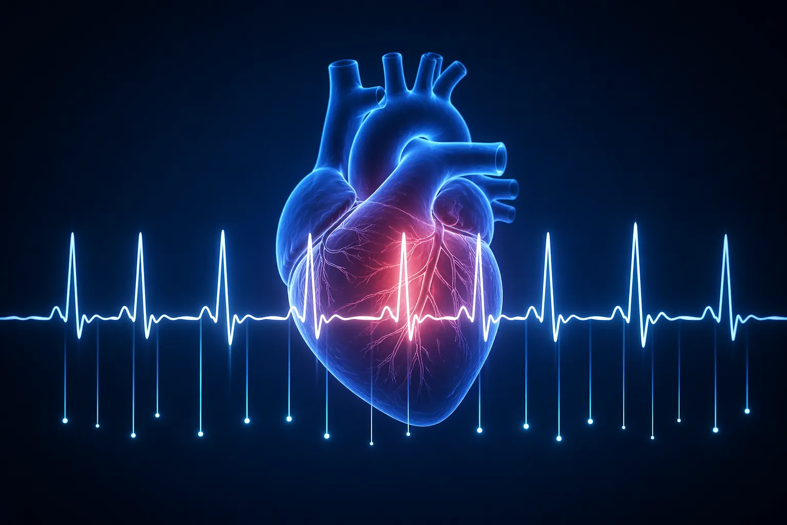 Futuristische visualisatie van een anatomisch hart met een gloeiende ECG-lijn op een donkere achtergrond.